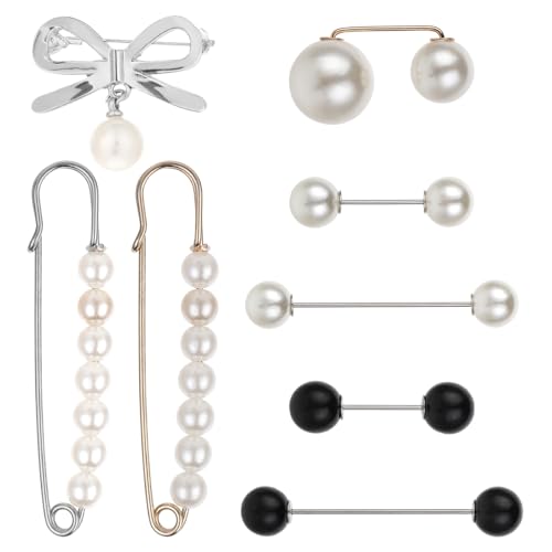 8 Stück Brosche Damen, Künstliche Perlen Broschen für Kleidung Brosche Vintage Ausschnitt Verkleinern Clip Mehrere Größen Sicherheitsnadeln mit Aufbewahrungsbox für Kleidung Hosen Kleid Rock Pullover