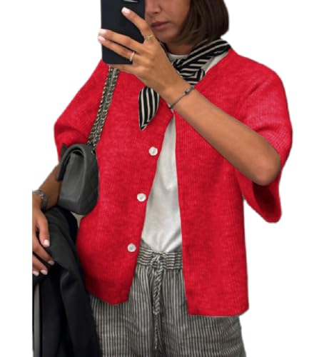 Image of Women Knit Crop Cardigan Y2k Short Sleeve Knitted Shirts Open Front Button Down Sweater Cute Fall Cardigans 2024