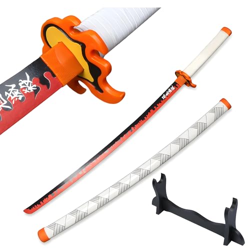 Image of Demon Slayer Rengoku Katana /Sword Toy 104cm Life Size - Bamboo Wood Rengoku Anime Flame Hashira Katana 2026 (Stand Included-Single Layer) Perfect for Anime Gift