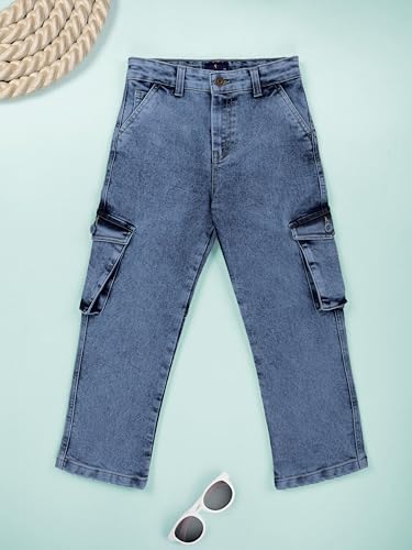 Image of KiddoPanti Boys Cargo Pants | 100% Cotton Twill | Comfortable Regular Fit | Elastic Waistband & Zip Fly | 6 Pocket Lower for Kids | Full-Length Casual Wear
