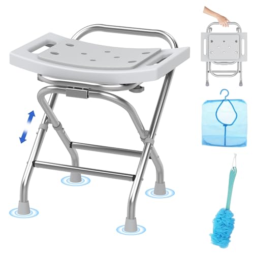 Folding Shower Seat - Stainless Steel Shower Chair for Inside Shower - 420lbs Height Adjustable Foldable Shower Stool - Portable Travel Collapsible Bath Bench for Elderly Handicap & Disabled
