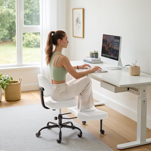 Image of Furmax Ergonomic Criss Cross Legged Office Chair with Wheels, 360Swivel Adjustable Height Kneeling Desk Chair with Footrest for ADHD, Yoga, Meditation, Home Office (Leather, White)