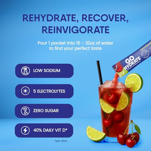 Image of GoHydrate Low Sodium Electrolytes Powder Packets Sugar Free - Instant Hydration Daily Drink Mix - Zero Sugar Water Flavor Packet Singles with Vitamin D - (Cherry Limeade, 30 Packs)