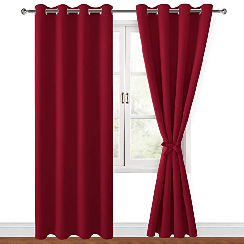 Hiasan Blackout Curtains For Bedroom, 52 X 84 Inches Long - Thermal Insulated & Light Blocking Window Curtains For Living Room, 2 Drape Panels Sewn With Tiebacks, Christmas Red #TOP1