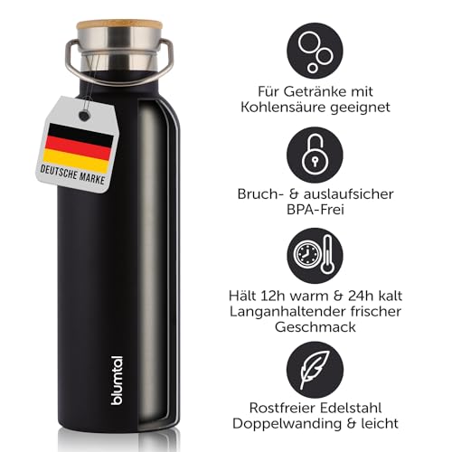 Blumtal Thermosflasche 500ml, doppelwandig, aus Edelstahl, isothermisch, BPA-frei, Teeflasche, Sportflasche, Schwarz – Ansicht 3