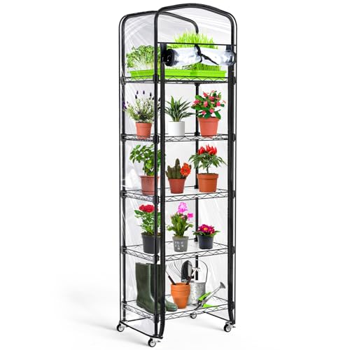 Abimars 5-Tier Mini Greenhouse with Caster Wheels, Each Shelf Height Adjustable Metal Plant Shelf with PVC Cover for Seed Starting Trays, Seedling Pot