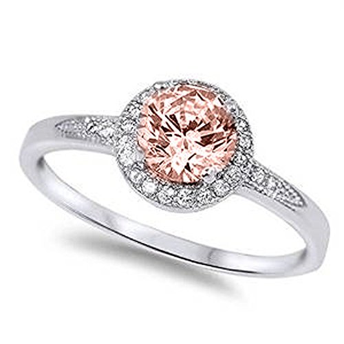 Blue Apple Co. Halo Wedding Engagement Ring Round Simulated Morganite 925 Sterling Silver2