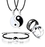 Kakonia 6-Piece Matching Yin Yang Necklace, Bracelets & Rings Set - Couple's Necklace & Bracelet Rings for Him & Her - Matching Yin Yang Jewelry Gift for Valentine's Day