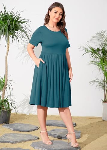 Image of POSESHE Womens Plus Size Summer Dress 2026 Casual Short Sleeve Empire Waist Loose Fit Swing T-Shirt Dress with Pockets