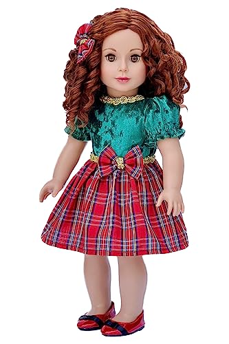 Christmas Classic - 3 Piece Outfit - Green and Red Party Dress, Red Shoes and Hair Bow - Clothes Fits 18 Inch Doll (Doll Not Included)