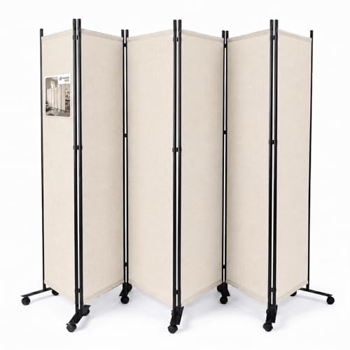 VOUNOT® Biombo Separador Plegable 6 Paneles Separador de Ambientes con Ruedas 340x30x171 cm Pantalla Privacidad Tela Poliéster Marco Metal Divisor de Habitación para Oficina Dormitorio Interior Beige