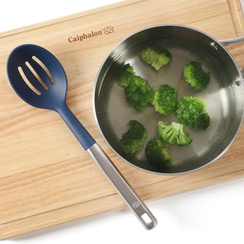 Image of Calphalon Prime Slotted Spoon Skimmer, Stainless Steel Slotted Spoon, Straining Spoon with Navy Silicone Head, Heat-Resistant Nonstick-Safe Kitchen Tool