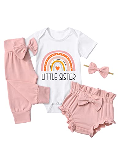 Image of Queenstyle Newborn Baby Girl Clothes Short Sleeve Tops + Bow Shorts + Infant Girl Pants with Headband 4Pcs Outfits