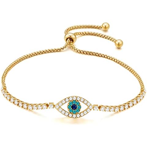 WOWORAMA Evil Eye Bracelet for Women Dainty 14K Gold Adjustable Slider Bracelets Cubic Zirconia Tennis Bracelet Tiny Evil Eye Protection Jewelry Christmas Gifts, Adjustable Size, Cubic Zirconia Cover