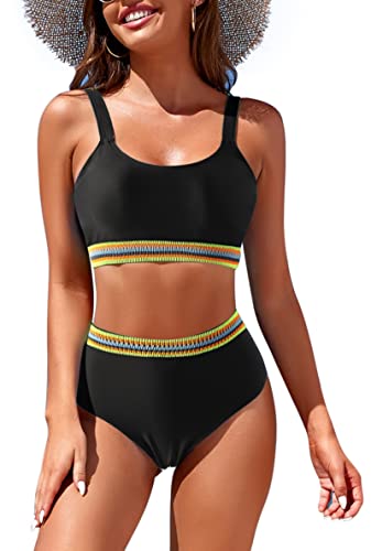 Image of Womens High Waisted Bikini Sets Sporty Crop Top Color Block Swimwear Bandeau Scoop Neck Vintage Two Piece Bathing Suits