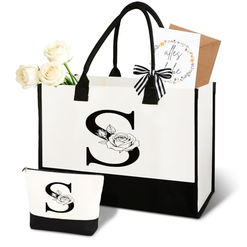Anruzon Geschenke für Frauen Personalisierte Initial A-Z Canvas Einkaufstasche & Kosmetiktasche Grußkarte Praktisches & Emotionales Geschenk für Mama Freundin Kollegin oder Schwester