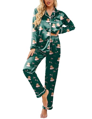 Image of Ekouaer Womens Satin Pajama Set Classic Pattern Silky Pj Sets Button Down Sleepwear Loungewear
