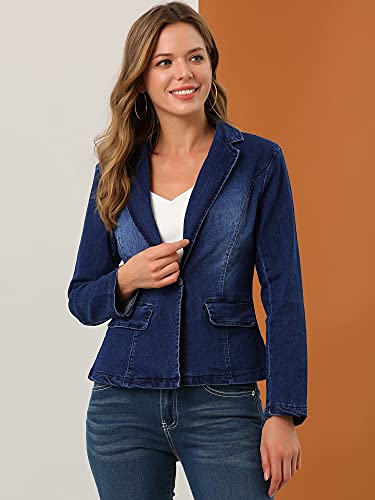 Allegra K Women's Notched Lapel One Button Long Sleeve Washed Business Denim Blazer2