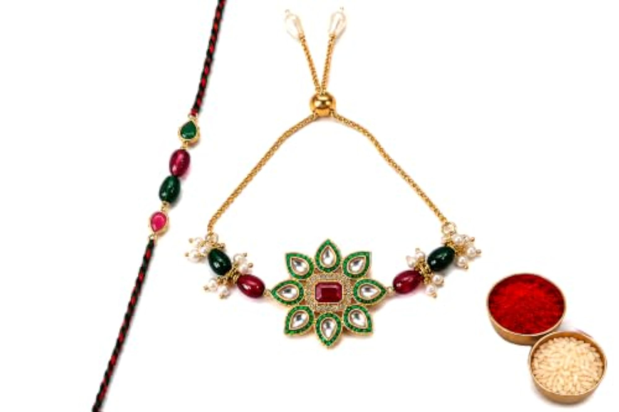 Designer Kundan Floral Rakhi with Adjustable Bracelet & Traditional Thread Rakhi Combo