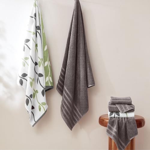 Image of Modern Threads 6 Piece Bath Towel Set - Bathroom Set with 2 Bath Towels, 2 Hand Towels, and 2 Wash Cloths - 100% Cotton, Super Absorbent & Extra Soft - Reversible Natural Vine (Gray)