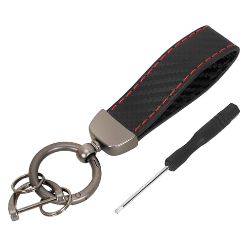 JVCV® Microfiber Leather Car Keychain, Universal Key Fob Keychain Carbon Fiber Pattern Leather Key Chain Holder for Men and Women (Black Buckle-Red Stiches).