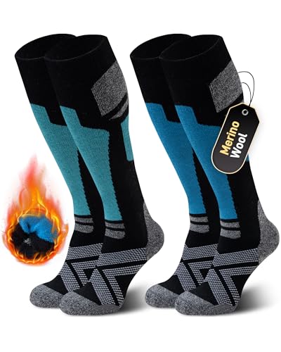 Niorasen Merino Wool Ski Socks Men Unisex, 2 Pairs Thermal Knee-High Socks for Winter, Full Cushion Thick Socks, Skiing, Snowboarding, Outdoor Sports, Hunting, Hiking, Green/Light Blue 2 Pairs, UK 3-8