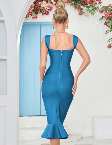 Image of Shoulder Strap Sleeveless Fishtail Midi Bandage Dress for Women Bodycon Club Party Evening Dresses