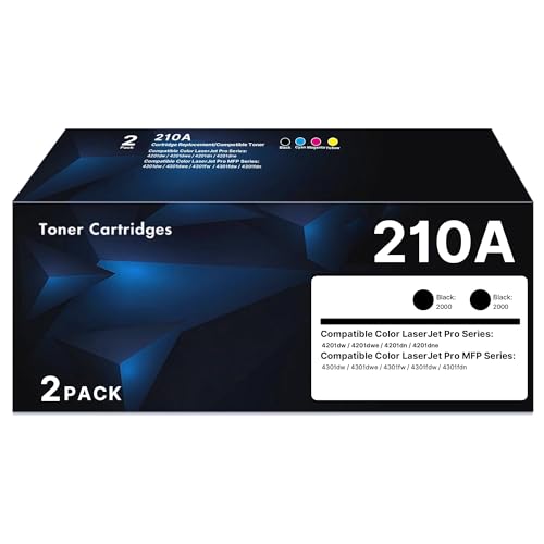 Image of 210A Toner Cartridges Black - Replacement for HP 210A Toner Cartridges HP 210A 210X Work with HP Color Laser Pro MFP 4301fdw 4301fdn Pro 4201dn 4201dw, 2 Pack W2100A 210A Black Ink