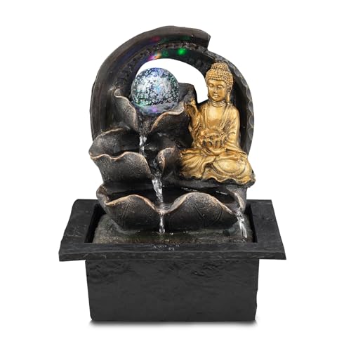 GEEZY Indoor Water Fountain - Crystal Ball Buddha Design Water Feature with LED Lights - Mains Powered & Self-Contained, Table Top, Relaxing & Tranquil - Perfect for Home, Living Room, Office Decor
