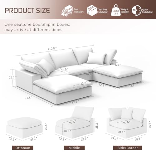 Image of Modular Sectional Sofa,Extra Comfty Deep-Seat-Filled Couch,White 5 Seat U Shape Sofas with Movable Ottoman,Modern Couches for Living Room, Apartment,Office,Small Space