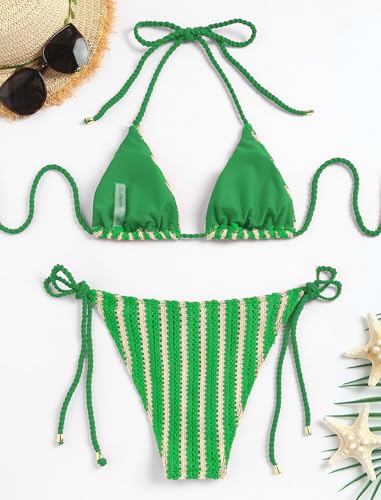 Image of ZAFUL 2 Piece Triangle Bikini for Women Knitted Rope Halter Bikini Sets Sexy Bathing Suit Side Tie Swimsuits Beachwear