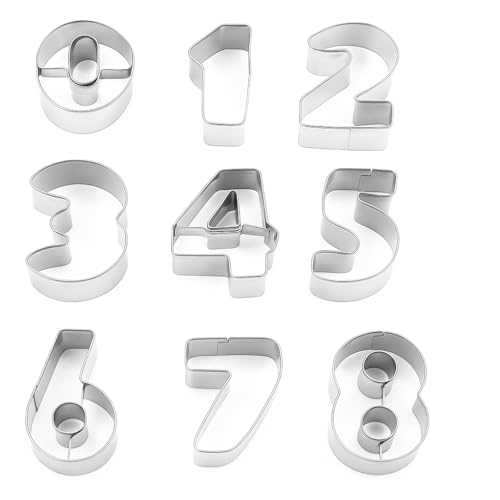 9PCS Number Cookie Cutter Set - Stainless Steel Fondant Cutters for 0 to 8 - Washable Reusable Biscuit Moulds - Cake Icing Dough Baking Tools (Silver)