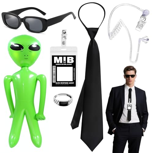 Agenten-Kostüm-Accessoires-Set Geheimdienst-Kostümset mit Ausweisen Attrappen-Ohrhörern Kabelbindern schwarzer Sonnenbrille und Ring für Erwachsene ideal für Halloween Cosplay Partys Karneval