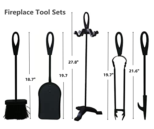 Voda Fireplace Tools Set Small 5 Pieces Black Cast Iron Indoor Fireset Fireplace Pit Stand, Poker, Shovel, Brush,Wood Stove Log Tongs, Holder Tools Kit Sets Stand 27.8 Inches Classic(Black) #TOP2