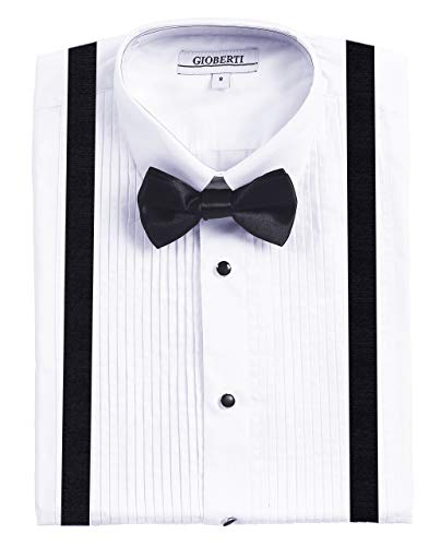 Gioberti Boy's White Tuxedo Dress Shirt With Bow Tie & Suspenders And Metal Studs, White, Size 6 #TOP1