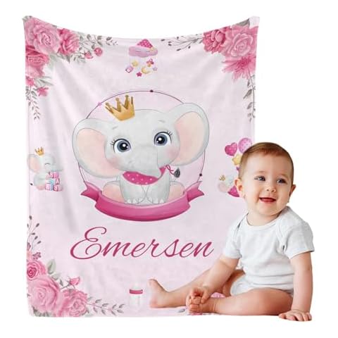 Personalized Baby Blanket with Name, Custom Pink Elephant Name Blanket Toddler Girls Soft Flannne Swaddling Blankets Customized Memorial Gift from Nana for Infant Newborn Shower Cover