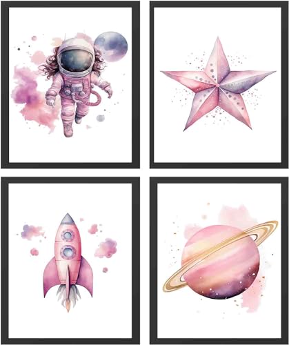MOCVSWO Watercolor Space Nursery Wall Art Prints,Pink Outer Space Wall Art Poster for Kids Room Decor Girl Bedroom Decor Classroom Decorations,Set Of 4 (8X10inch,Unframed).