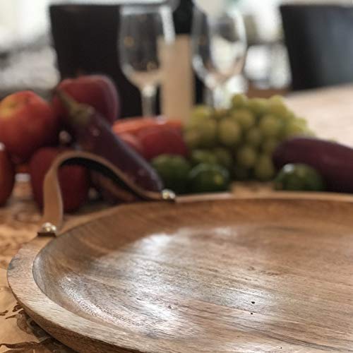 Mango-Wood-Board-Server-Trays-Set-of-2-Brown-Leather-Handles-Rustic-Rounds-15-and-12-Inches-Diameter Mango Wood Board Server Trays Set of 2 Brown Leather Handles Rustic Rounds 15 and 12 Inches Diameter