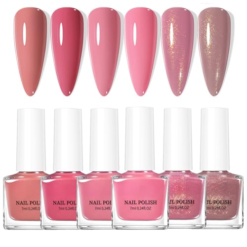 Pink Nail Polish Set - 6Pcs Quick Dry Pink Nude Pearl Nail Varnish - Long Lasting High Glossy Water Based Holographic Pearlescent Nail Polish No UV Needed for Women DIY at Home 7ml