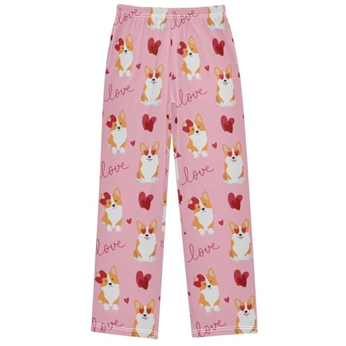 Boy's Pj Pants Valentines Day Corgi Dog Heart Lounge Bottoms Elastic Waist Kids Joggers with Pockets Size 6-14
