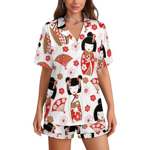 Image of Pajama Sets for Womens Japanese Cute Geisha Summer Short Sleeve Shirts And Pants Set
