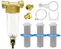 POHIR Spin Down Sediment Filter 40/100/200 Micron, Reusable Water Filter for Whole House Pre-Filtration System, 1" MNPT + 3/4" FNPT + 3/4"MNPT with Sewage Drain Pipe