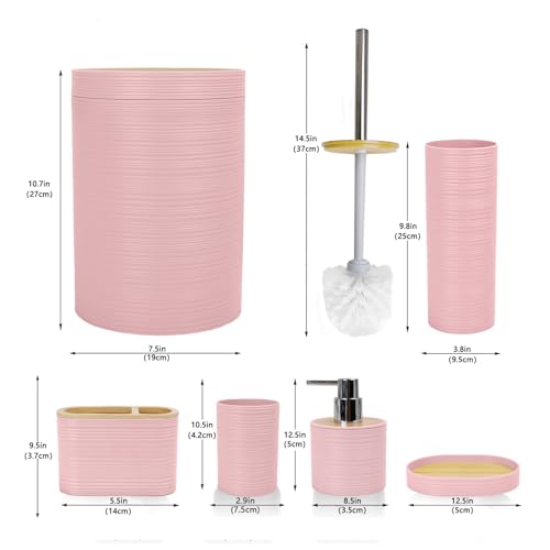 CERBIOR Bathroom Accessories Set 6 Piece Bamboo Bath Ensemble Includes Soap Dispenser, Toothbrush Holder, Toothbrush Cup, Soap Dish for Decorative Countertop and Housewarming Gift, Sriral Pink