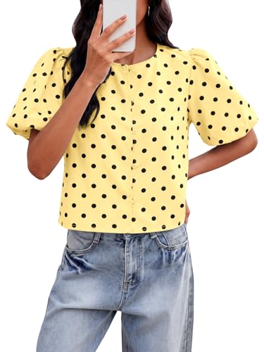 Image of Tankaneo Womens Cropped Tops Puff Sleeve Button Down Shirts Trendy Casual Loose Fit Cute Blouse, Light Yellow & Polka Dot, L