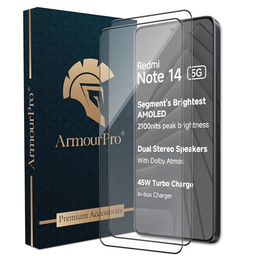 Image of ArmourPro Military Grade Gorilla Tempered Glass Compatible For Redmi Note 14 (6.67 Inch) With Easy Installation Kit for Smartphone| Edge-to-Edge Protector Coverage | Black, Pack of 2