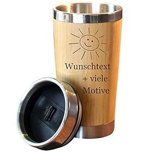 Kaffeebecher mit Namen + Motiv Gravur in Holz Optik, Isolierbecher groß 0,4 L für Coffee to go, Kaffee Edelstahlbecher…