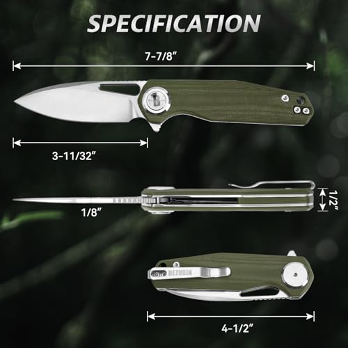 Image of Pocket Folding Knife,3.15 inch D2 Steel Blade,Green G10 Handle,Push Button Lever Lock,Pocket Knife with Pocket Clip for Outdoor,Survival,EDC