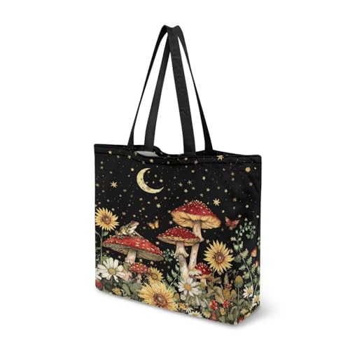 Dngkaoje Womern Canvas Tote Bags Mushroom Print Shoulder Handbag with Zipper Sunflower Shoulder Handbag for Teens Girls Travel Tote Bags for Women Foldable Reusable Grocery Bags Large