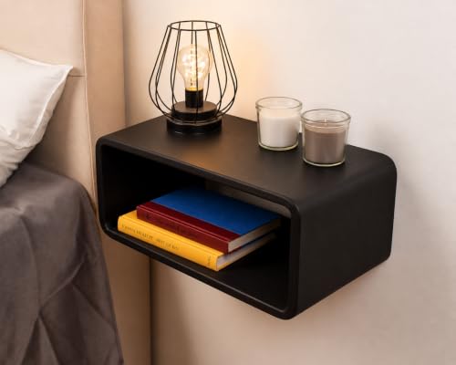 Image of UHUD CRAFTS Wooden Floating Nightstand with 2-Tier Storage, Wall Mounted Bedside Shelf, Floating Bedside Table for Bedroom, Space Saving Nightstand with Open Storage for Books & Plants - Black
