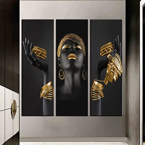Art mural femme africaine noire et bijoux en or triptyque 30x90cm sans cadre